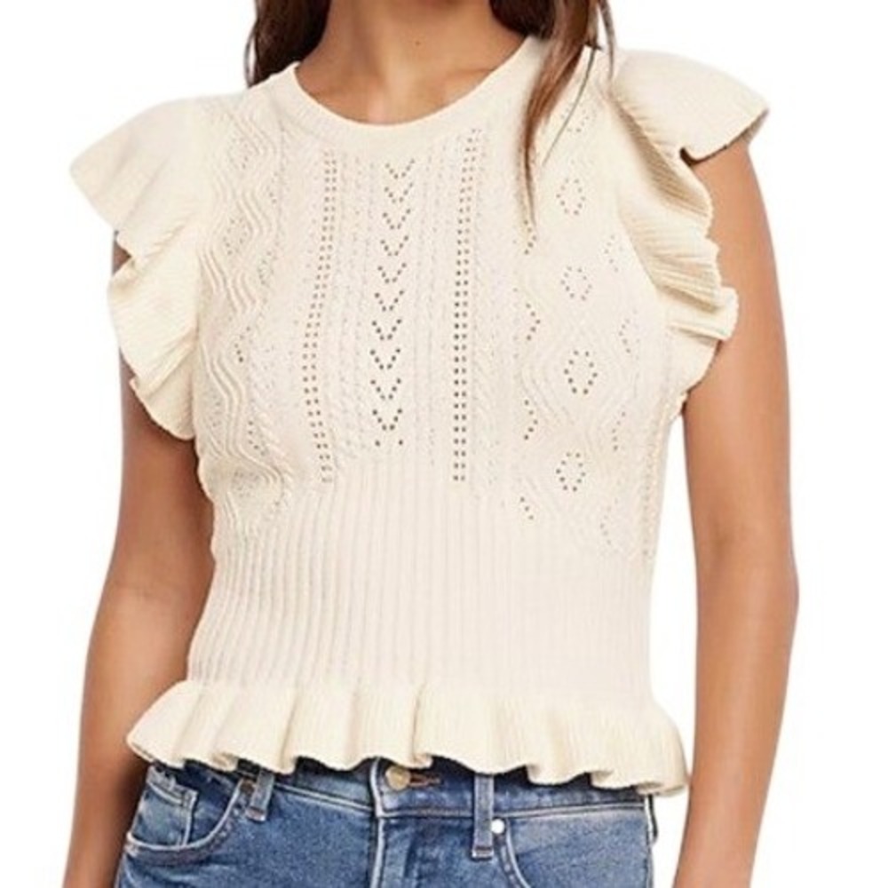 🆕 EXPRESS Ivory Pointelle Knit‎ Flutter Sleeve Peplum Lightweight Sweater XS